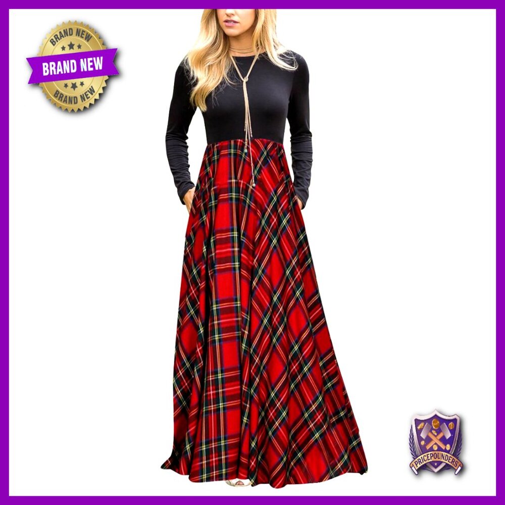 Long Sleeve Plaid Maxi Dress Empire Waist With Pockets Elegant Formal Casual